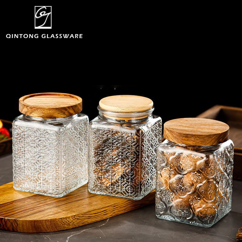 2023 New Style Luxury Wide Mouth Empty 750ml 25oz Square Cookies Glass Food Grade Storage Jar with Bamboo Lids